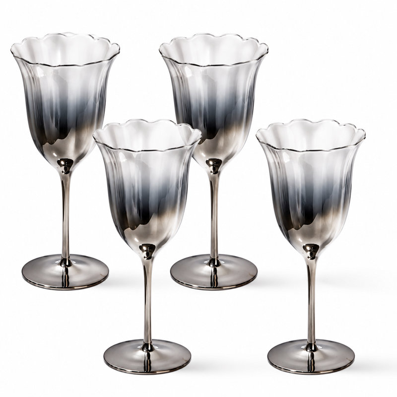 Ensemble de 4 verres à vin rouge en verre argenté dégradé – Verres à pied modernes à effet ombré pour vin rouge, cocktails et jus de fruits