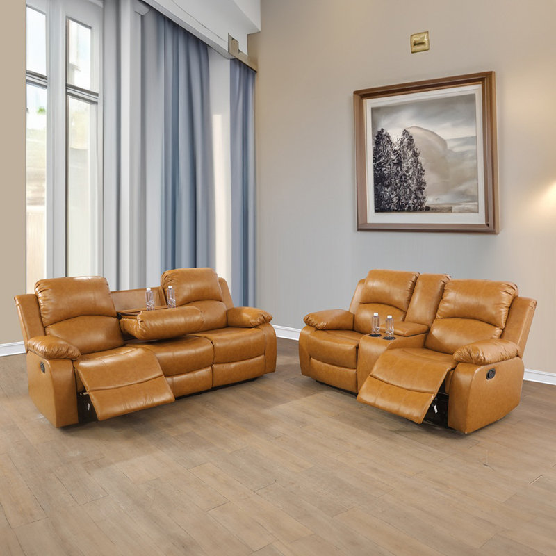 Ensemble de salon inclinable en similicuir 2 pièces Vesada avec table basse et console intégrées, Jaune