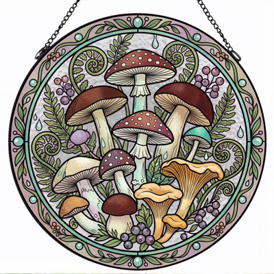 Mushroom Mandala Stained Glass Window Panel，12"H