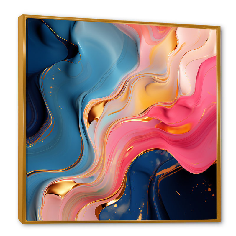 «Rose and Gold», encre liquide Abstraction I - encre liquide, art mural abstrait, Cadre flottant doré