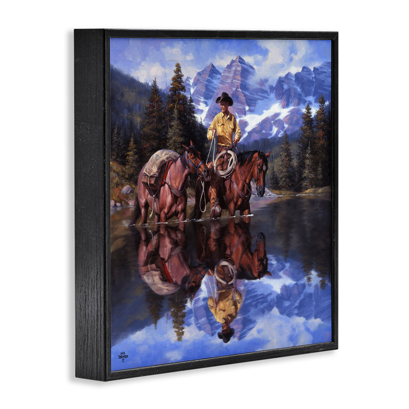 «Cowboy & Horses River Reflection», art numérique par Jack Sorenson, Giclée encadrée noir minuit, H 12 po x l 12 po
