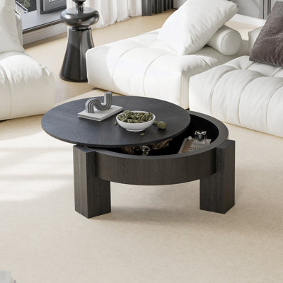 Table basse ronde de 33 po avec rangement caché, table de chevet moderne en placage de bois Wabi-Sabi, table d'appoint centrale robuste à 3 pieds pour le salon, petit espace, noir mat