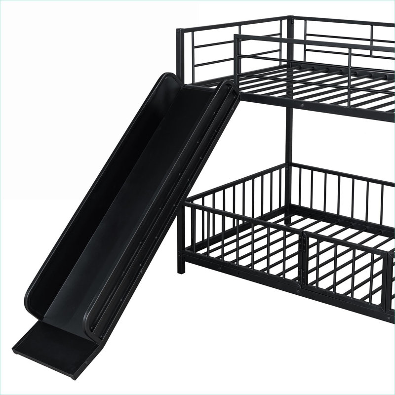 Lit superposé convertible simple au-dessus d'un lit simple, structure en métal noir classique avec garde-corps et glissade pour chambres d'enfant