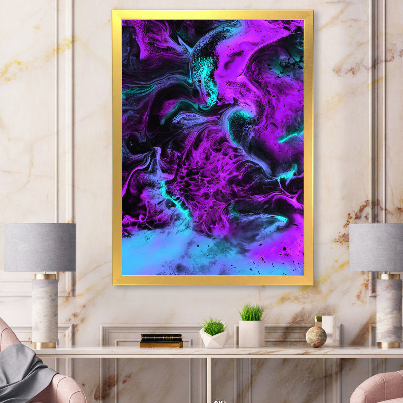 Neon rose, bleu et vert, paysage liquide - peinture sur toile, H 32 po x l 16 po, Cadre doré à coins fermés