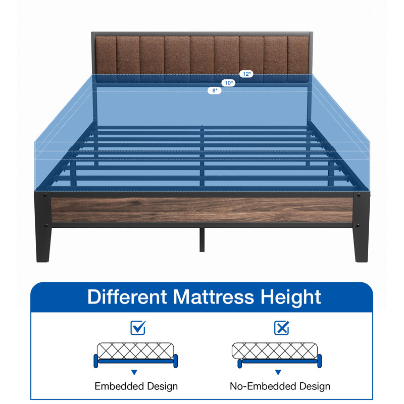 Upholstered Bed Frame with Headboard Platform Bed Frame, Queen, Brown
