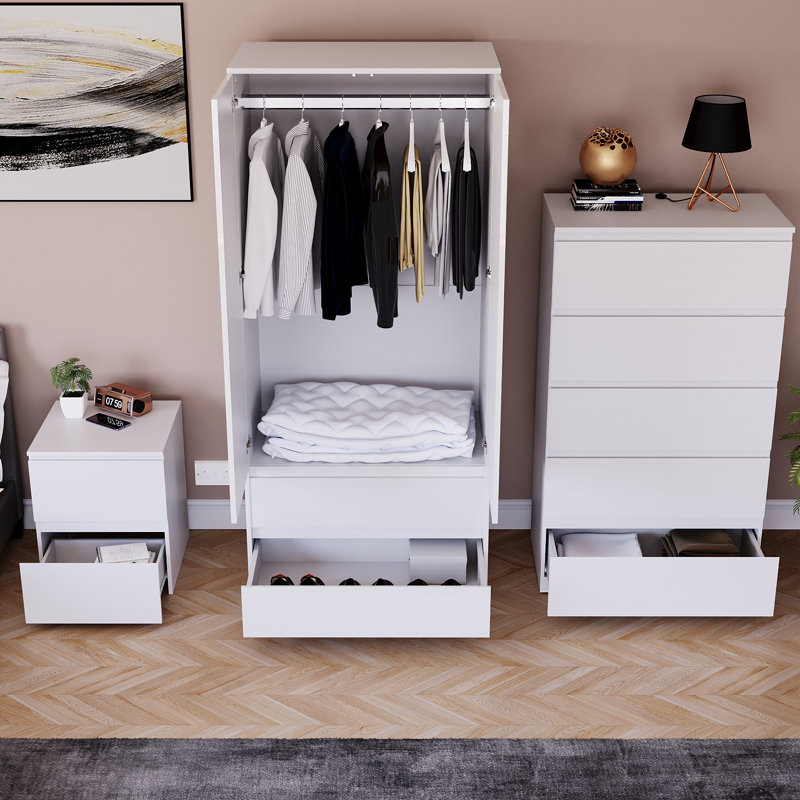 Oslo 3 Piece Bedroom Set (2 Drawer Bedside Chest, 5 Drawer Chest, 2 Door 2 Drawer Wardrobe), (100% FSC), White