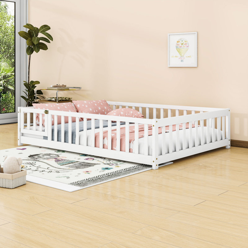 Wooden Floor Bed With Guardrails And Slats, Full, White