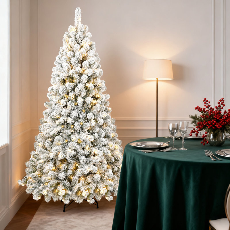 Arbre de Noël artificiel enneigé avec lumières blanc chaud et extrémités de branches, arbre de Noël en faux pin de qualité supérieure pour la maison, le bureau ou le magasin, incluant un support en métal pliable