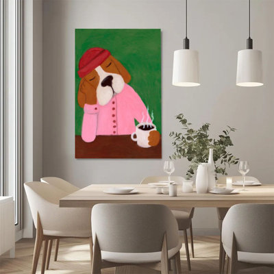 2D Flat, 1Pc Framed Canvas Wall Art, Pug, Coffee Time, Impressionist Style Art Print Canvas Poster Painting Room Wall Decor, Ideal Gift For Bedroom Li