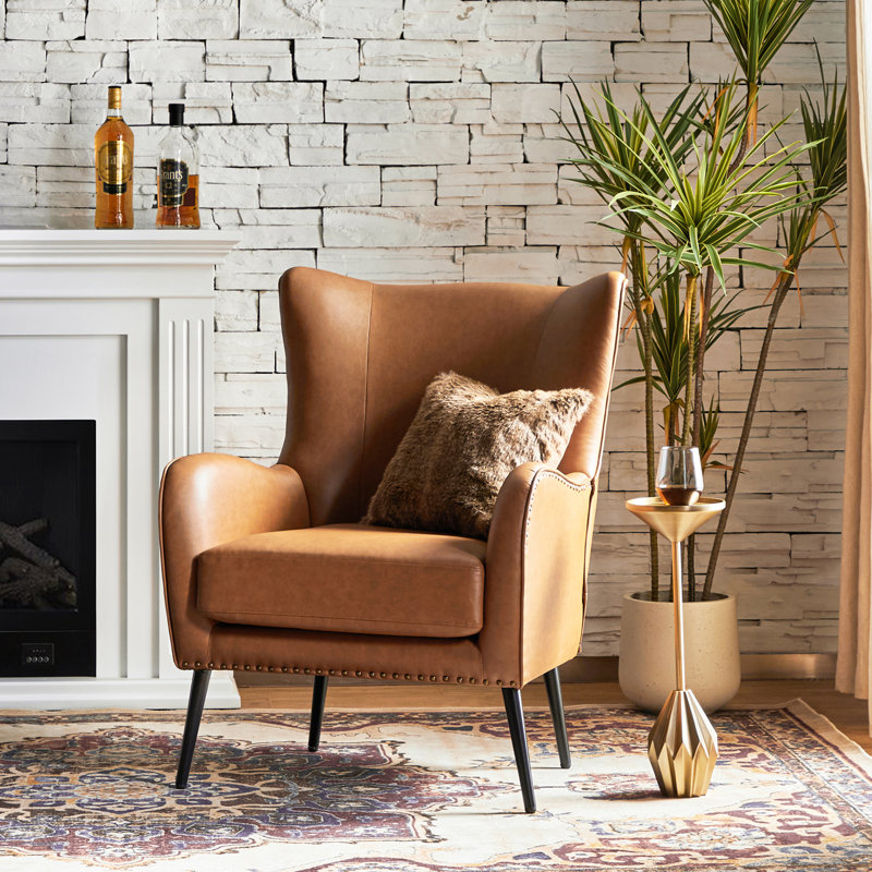 Fauteuil à oreilles 30 po Atalyia, Similicuir chameau