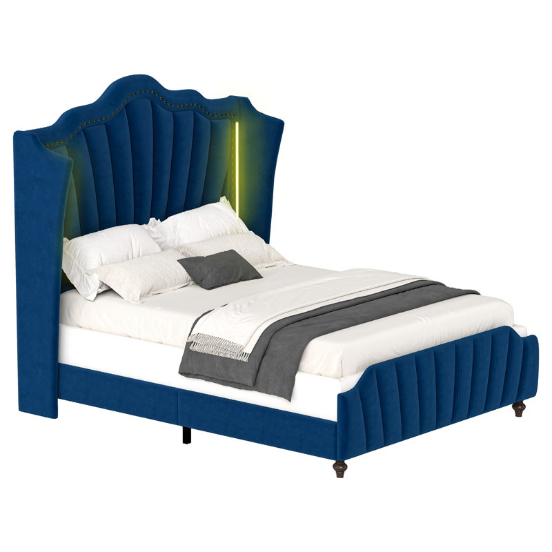 House of Hampton Velvet Upholstered Wingback Bed With LED Light, Queen, Blue