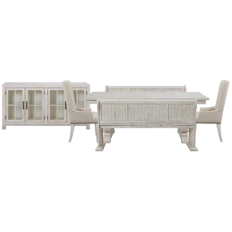 Jaavon Extendable Rectangular Dining Table, 6Pcs:Table,Buffet,2Benches,2Chairs