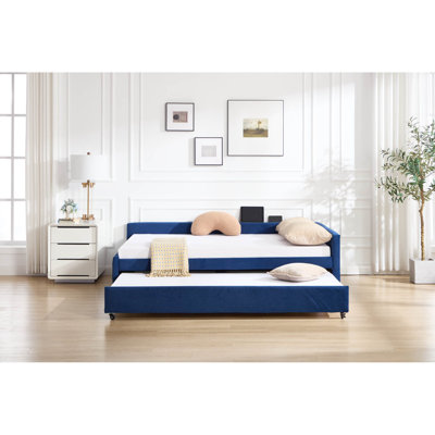 Lit de jour rembourré avec lit gigogne, structure de lit en bois robuste, conception de grille de diamant moderne, pour chambre à coucher, chambre d'amis (bleu marine)