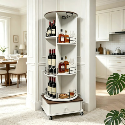 360° Rotating Wine Tower, Retro White Corner wine Cabinet with 2 Glass Holders, Lockable Front Wheels & Waterproof Top, rotating Bar Cart, Temporary Side Table for Indoor Outdoor Parties