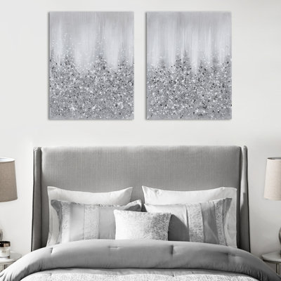 Heavily Decorated Canvas Wall Art, 2 , Abstract With Glitter And Rock Details, Handmade, 22"w X 28"h, Indoor Art Embellished Stones Glitter, Hand-brushed Textures, 22"x28", For Decor