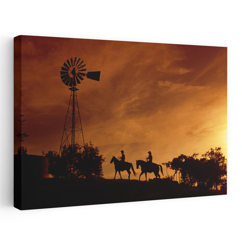 Silhouette de deux cavaliers au coucher du soleil, chasse, comté de Kerr, Texas, 16" H x 24" W