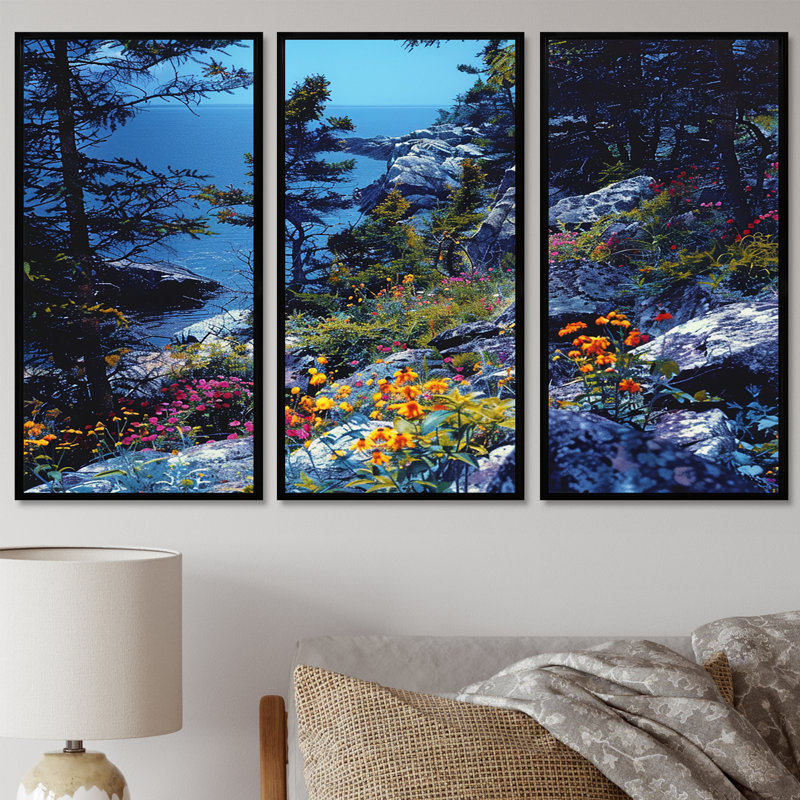Caufield - Ensemble de décoration murale plage et océan, Cadre flottant noir, H 40 po x l 60 po x P 1 po