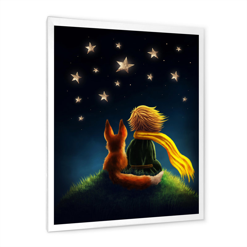 Petit garçon avec renard, Le Petit Prince, impression sur toile, H 33,5 po x l 17,5 po, Cadre blanc