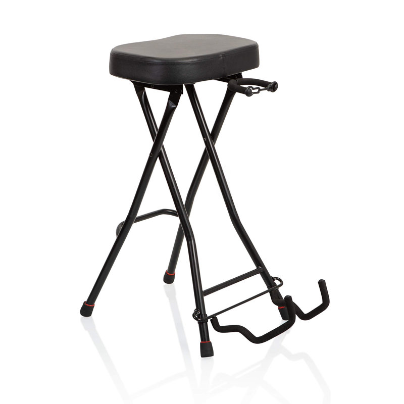 Foldable Guitar Stool With Padded Seat And Rear Mounted Guitar Hanger