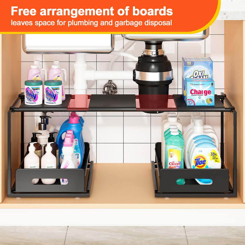 Extendable Under Sink Organizer, 2 Tier Pull Out Under Cabinet Organizer Shelf, Black Expandable Storage