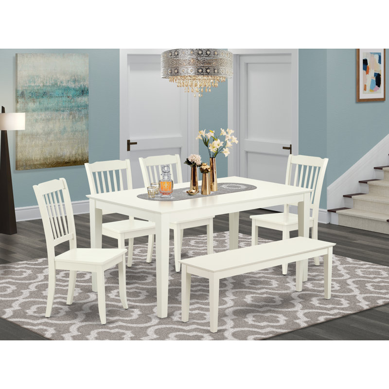 Ensemble de table et chaises de cuisine 7 pièces comprenant une table de salle à manger rectangulaire et 6 chaises de salle à manger revêtues de tissu en lin, 36 x 60 pouces, blanc lin