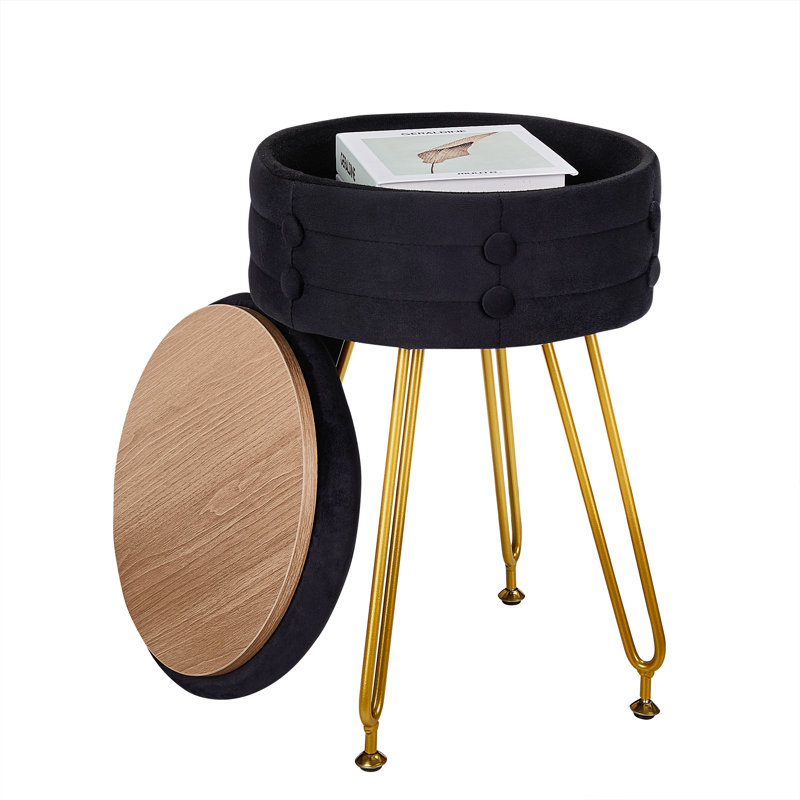 Round Storage Ottoman Vanity Stool Chair For Makeup Room,Bedroom,Living Room, Black