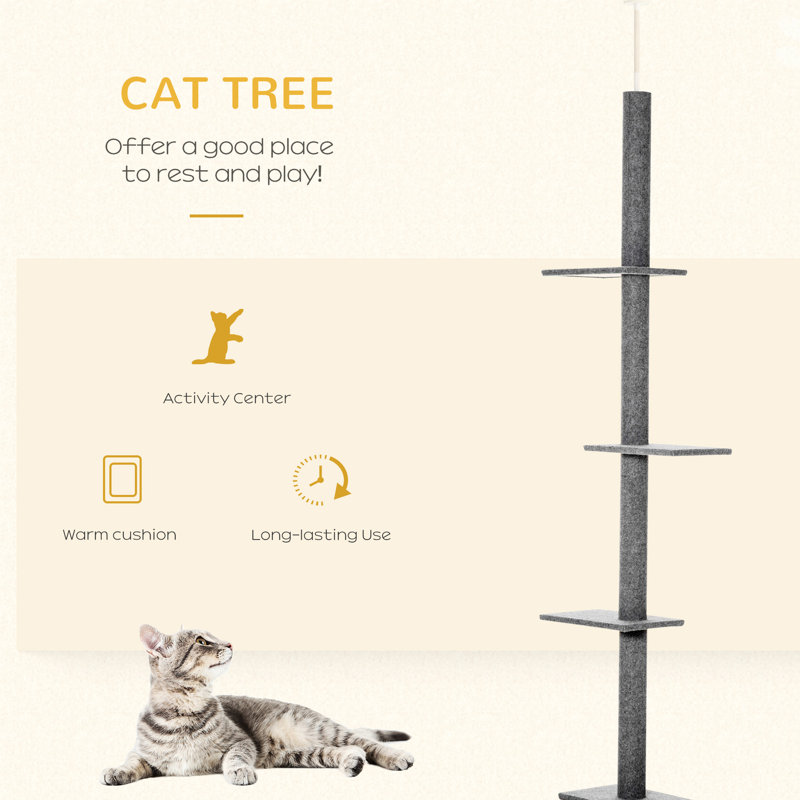 Tour pour chat gris, structure d'escalade réglable de 8,5 pi de hauteur avec poteaux à griffer et plateformes confortables pour chatons, l 10,75 po x H 102,25 po