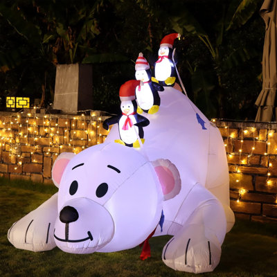 Christmas 7.7(L) X 6 FT(H) Inflatables Lighted Polar Bear With Three Penguins, Blow Up White Bear Happy Fishing Penguin, Indoor Outdoor Xmas Winter Decor Lawn Yard Garden Decorations