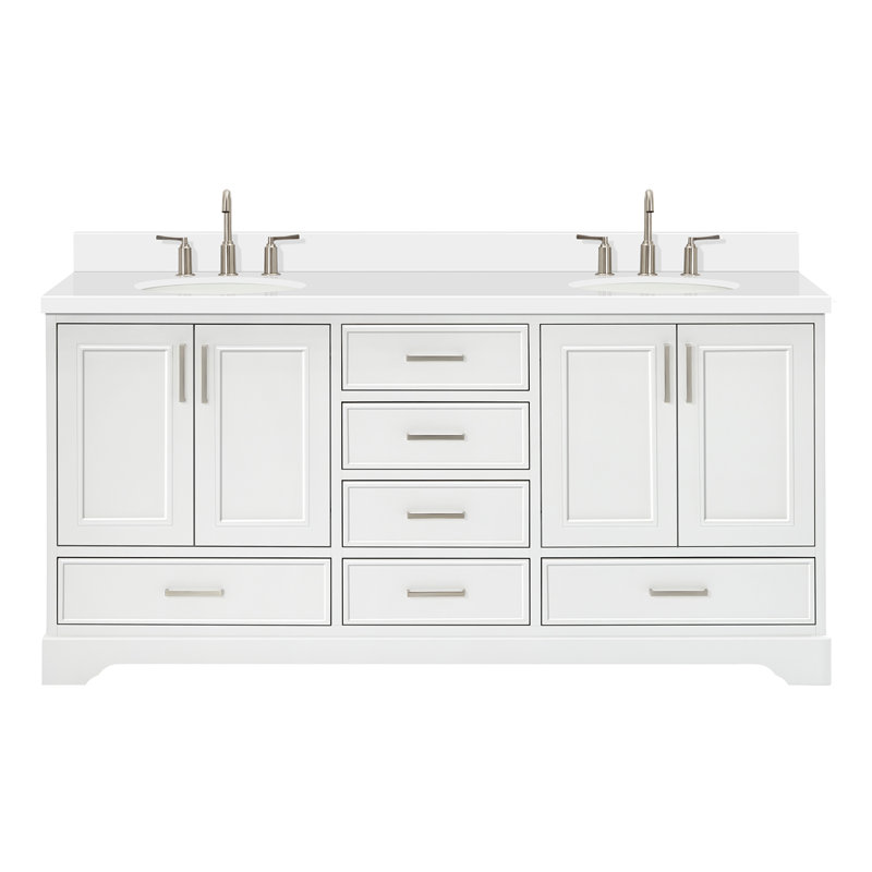 73'' Double Bathroom Vanity with White Quartz Top, White