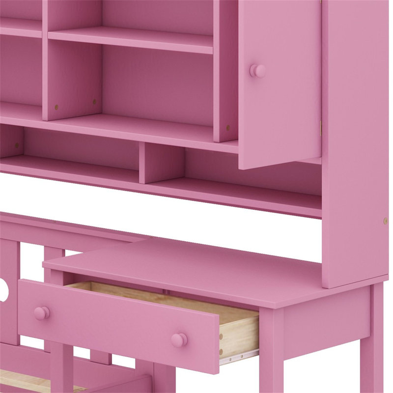 Multifunctional Wood Platform Bed With Bookshelf At The Head Of The Bed, Built-In Desk And Matching Chair, Pink
