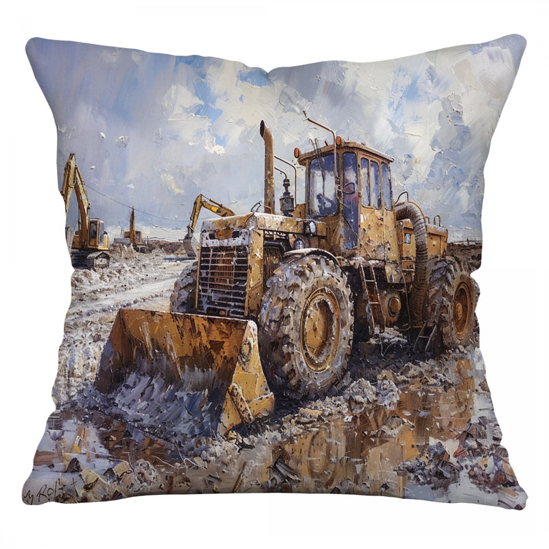 Bulldozer Construction Microsuede Reversible Throw Pillow, 18"H x 18"W
