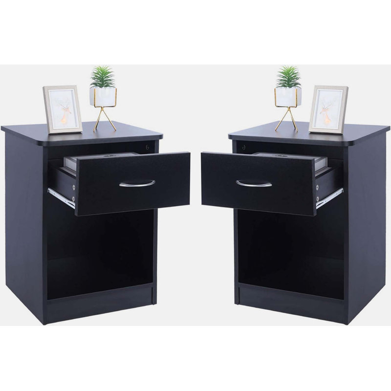 Bayhills 2 pcs nightstand with Drawers, File Cabinet Storage with Sliding Drawer and Shelf(Black)
