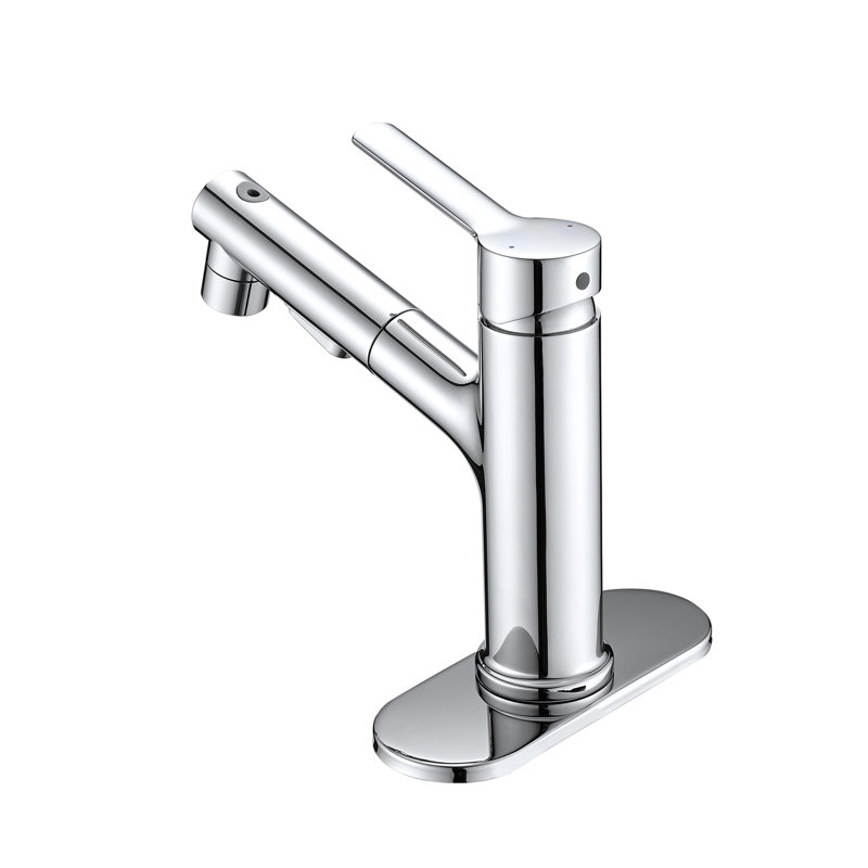 Pull Out Bathroom Basin Faucet, Single Handle, Finish, 3 Function Spray Settings, Pop-Up Drain Stopper & Deck Plate, Stainless Steel Construction , Modes,