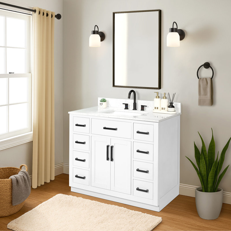 42'' Single Bathroom Vanity with Drawer, Shelf, Outlet, and Engineered Marble Top, White, 42''