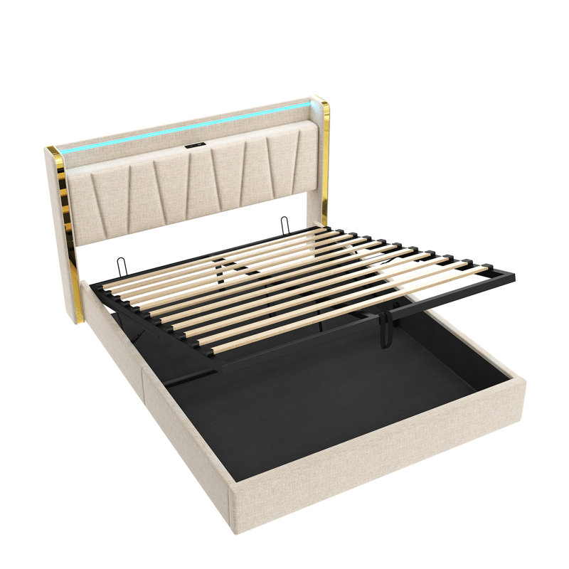 Upholstered Bed With Storage, Led And Usb Linen Beige, Double (4'6)