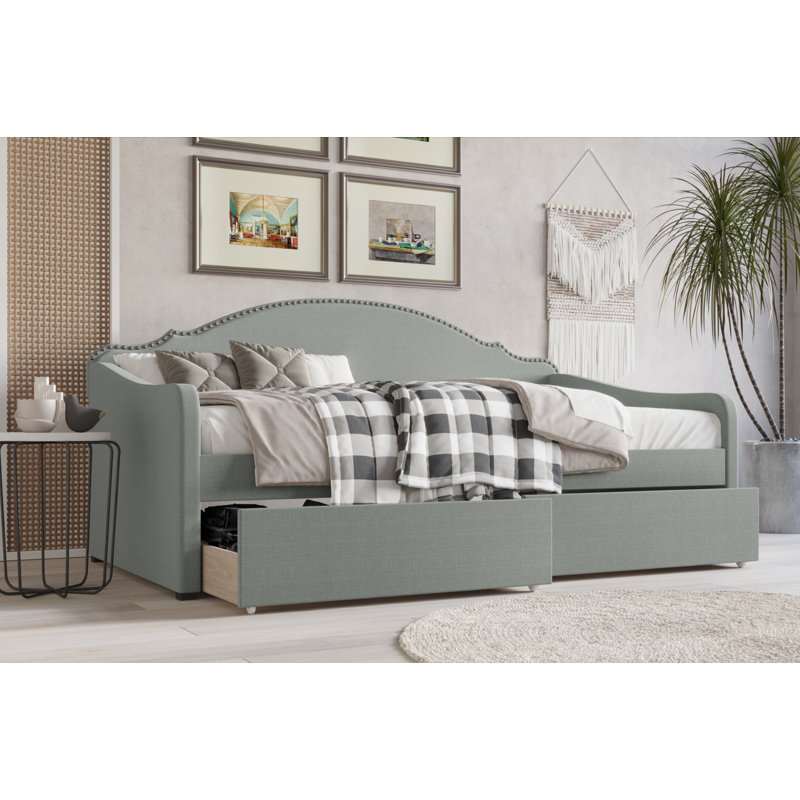 Caitronia Upholstered Daybed With Storage Drawers, Warm Gray