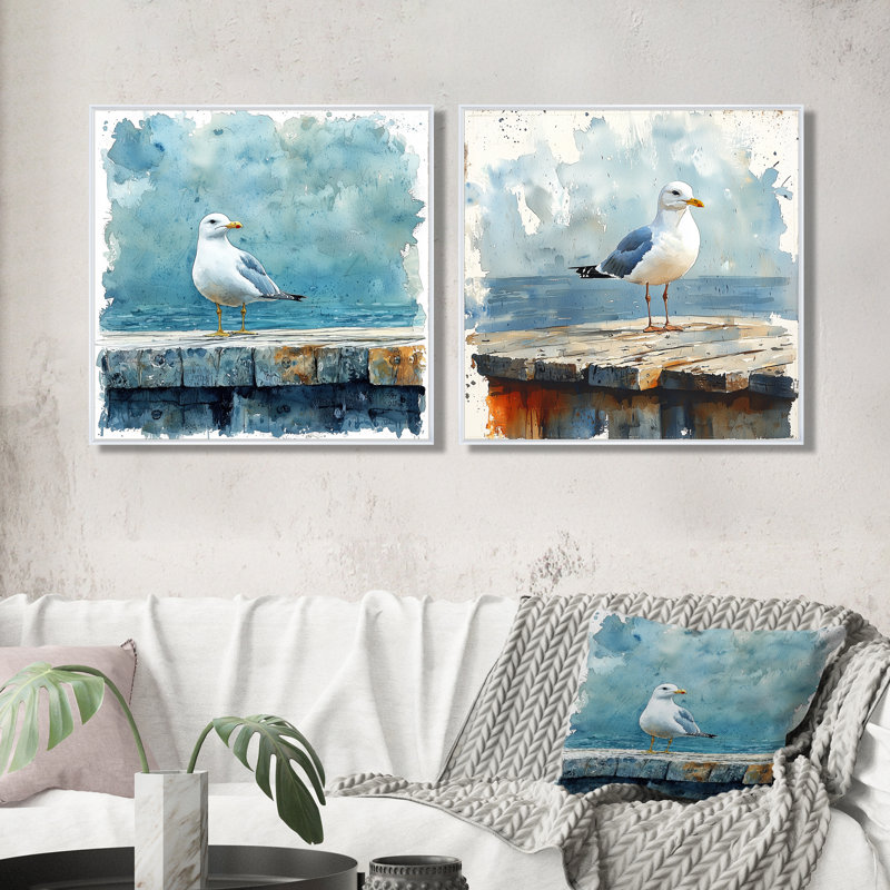 Mouette sur le quai I - décoration murale oiseau - art mural moderne 2 pièces, 16" H x 33" W, Floater Framed, Blanc