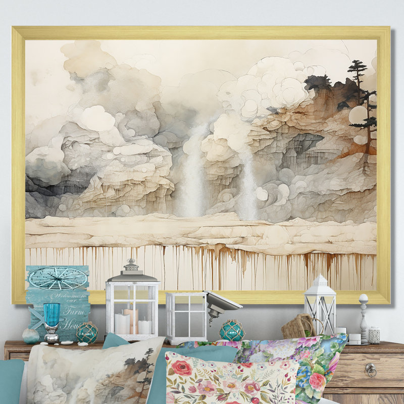 " Minimalism Geyser Landscape Tranquility ", 30" H x 40" W x 1.5" D, Gold Single Picture Framed