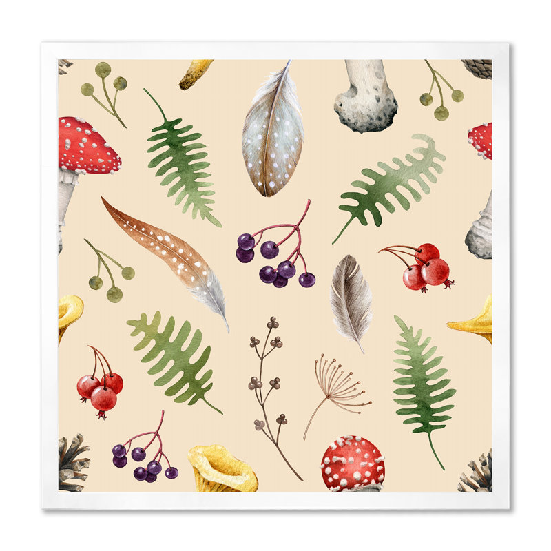 Forêt sauvage, herbes et champignon sur beige - Peinture sur toile, H 37,5 po x l 37,5 po x P 1,5 po, Cadre blanc