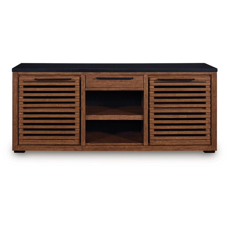 Kely Sideboard Credenza, 2 Slatted Doors, Open Cubbies, 66 Inch Brown