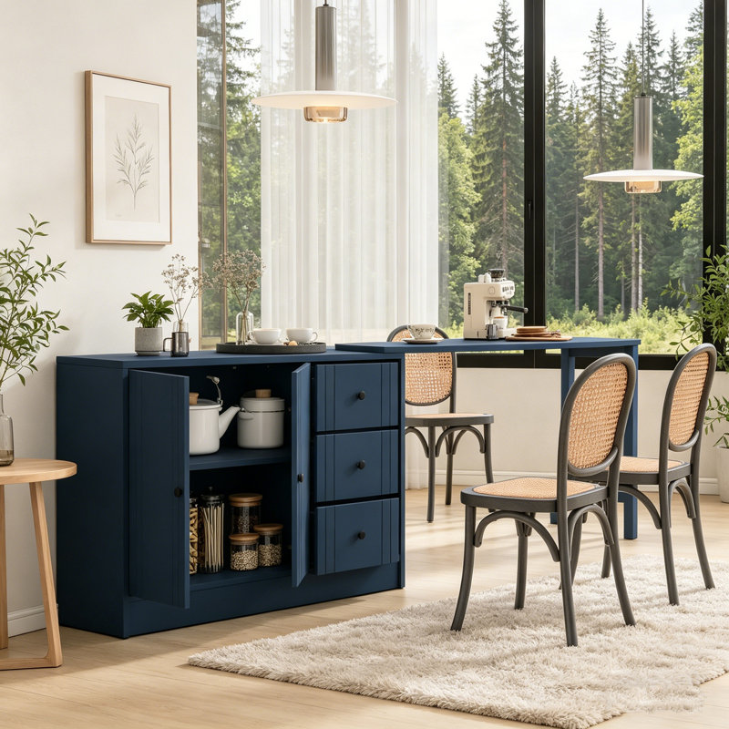 Buffet extensible 89,7 po en bois avec 2 portes et 3 tiroirs, armoire de rangement multifonctionnelle, Marine