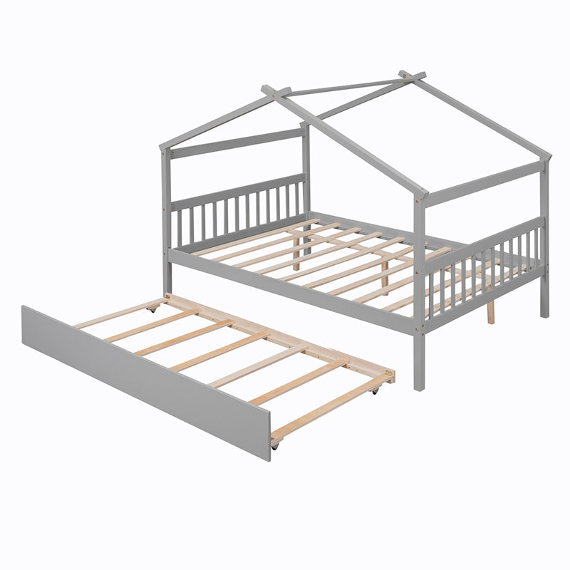 Saunderton Wooden House Bed with Trundle, Gray, Full