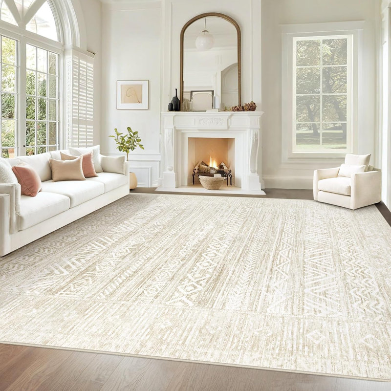 Tapis ivoire beige à motif géométrique lavable boho 8 pi x 10 pi - antidérapant et résistant aux taches, Ivoire / beige