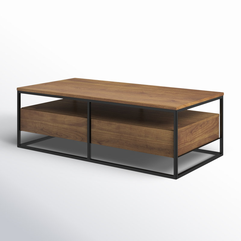Light Brown Rectangular Solid Wood Coffee Table with Storage