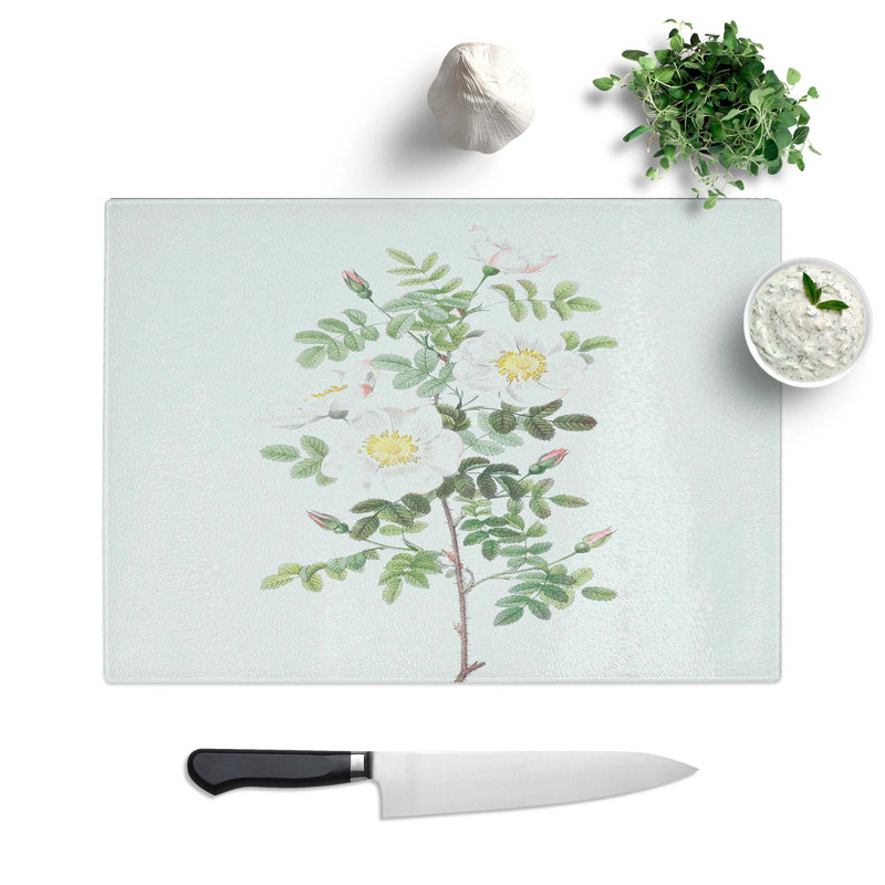 Tempered Glass White Burnet Rose by Pierre-Joseph Redoute Chopping Board, 28.5 cm W x 20 cm L