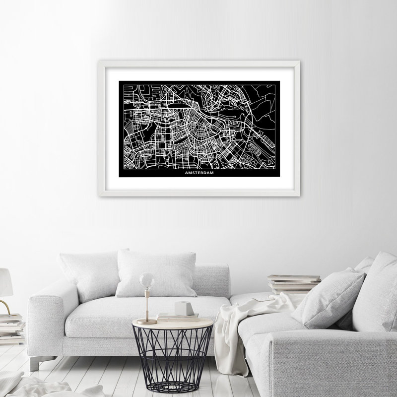 Amsterdam City Map - Single Picture Frame Print, White, 60cm H x 90cm W