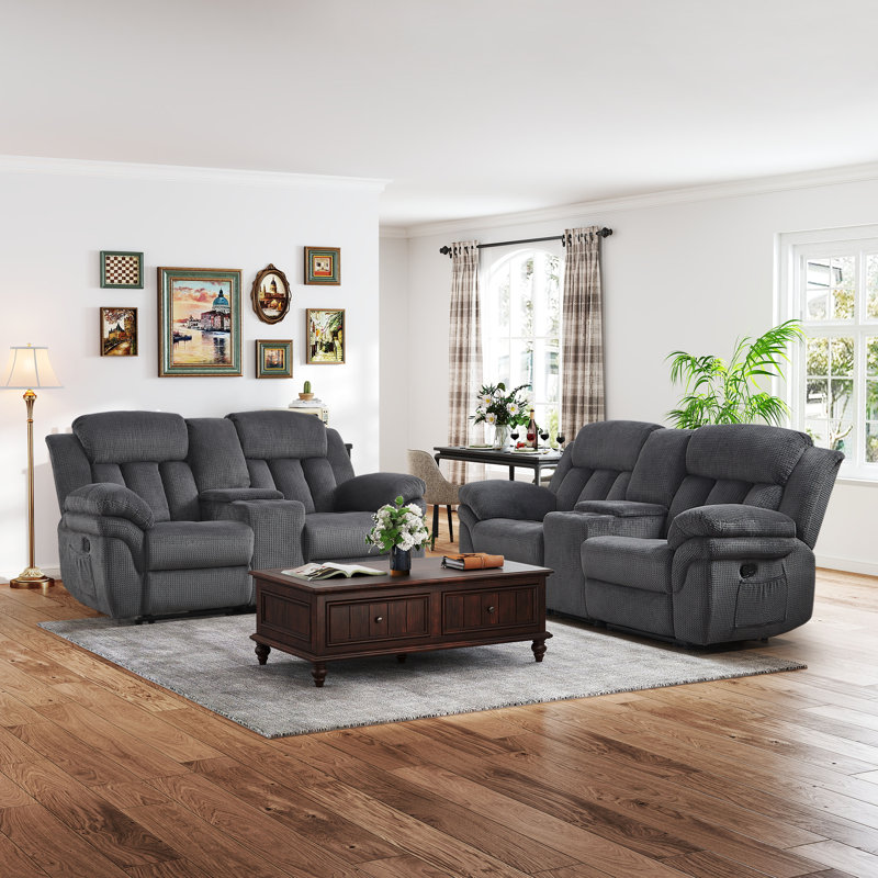 78.35'' Wide Pineapple-Textured Chenille Manual Reclining Loveseat Sofa With Center Console & Cup Holders (Set Of 2)