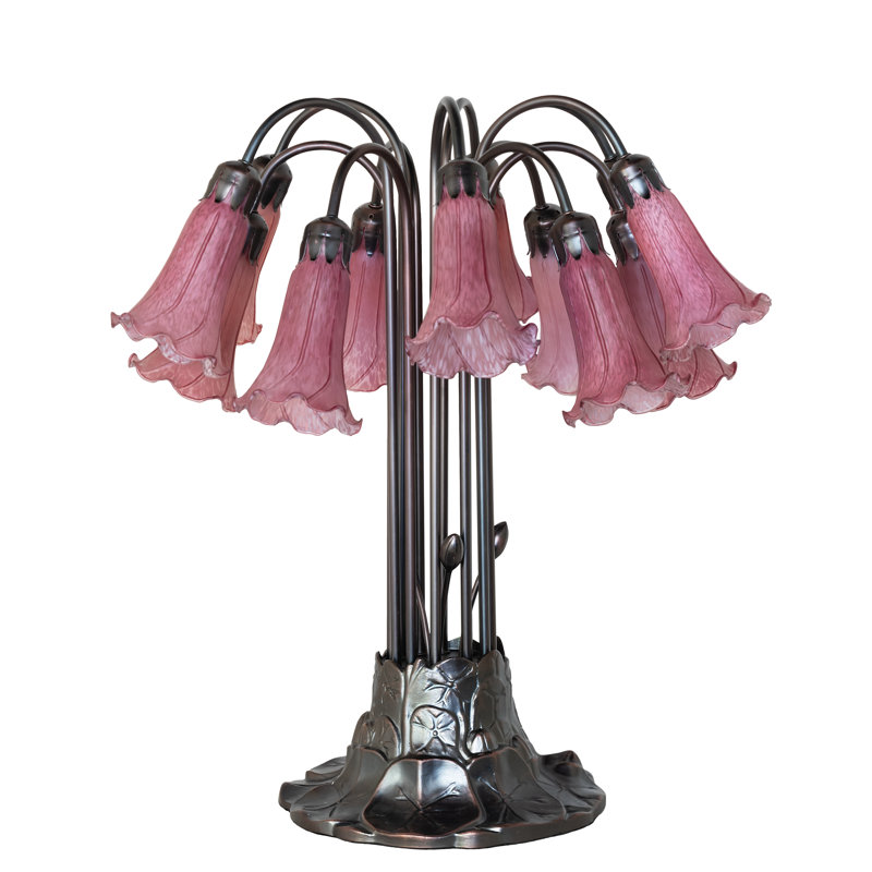 24" High Blue/White Tiffany Pond Lily 12 Light Table Lamp, Purple