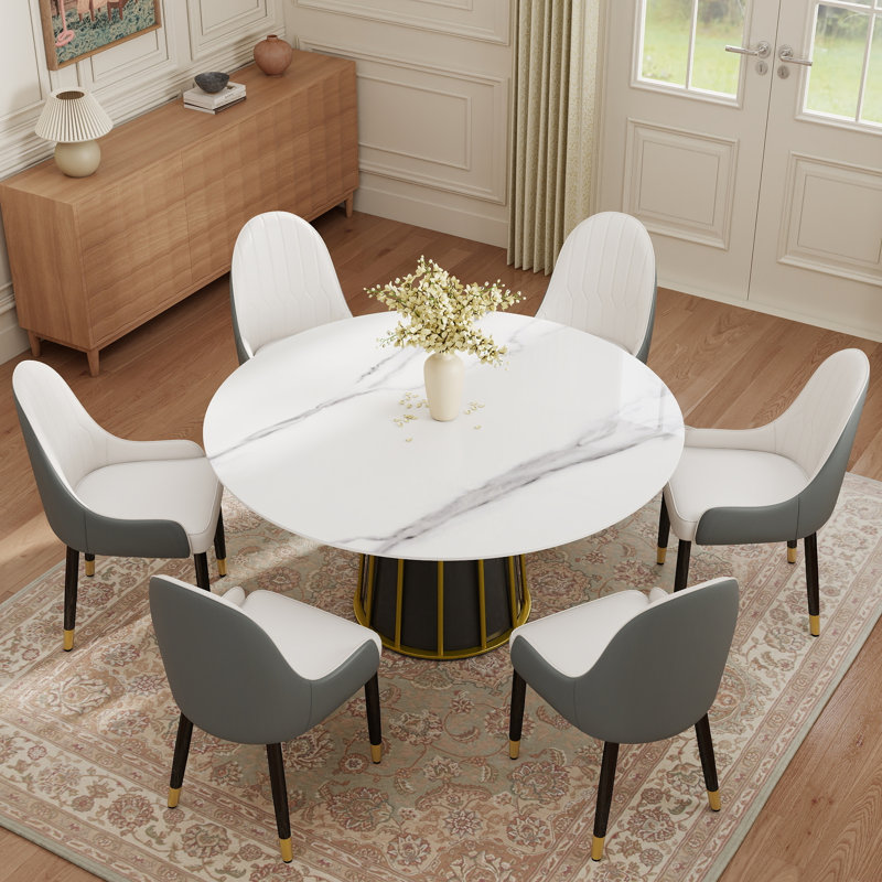 Ensemble de table de salle à manger 7 pièces 59,05 po avec 7 chaises en cuir PU, H 29 po x l 59,05 po x P 59,05 po, Blanc