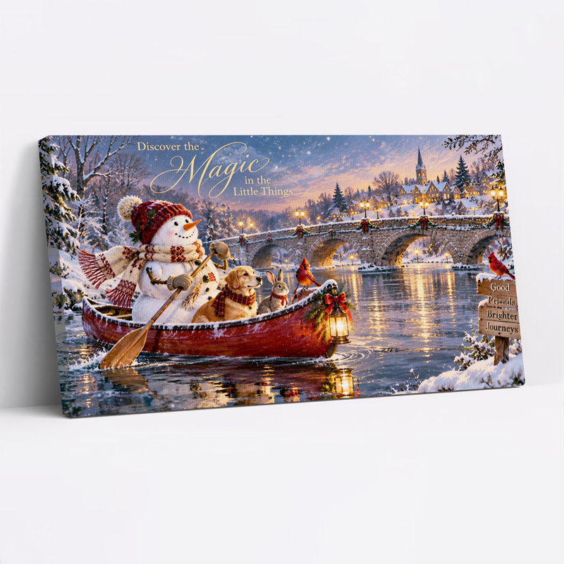 «Snowman Rowing Red Canoe with Dog and Rabbit in Christmas», art mural sur toile, L 40 po x H 20 po